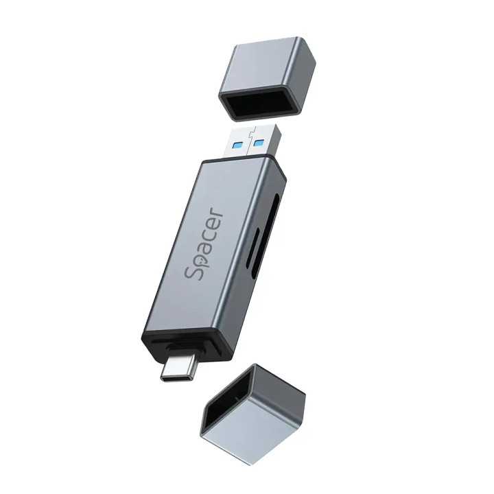 CARD READER extern SPACER SPCR-TYPEC-USB-01 4 in 1 USB 2.0 USB Type C - SD micro SD 1x mama USB si Type-C aluminiu
