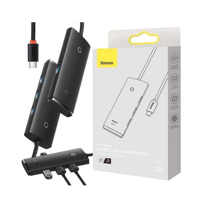 HUB extern Baseus WKQX030401 Lite4 porturi USB 3.0 conectare prin USB Type-C cablu 1m negru