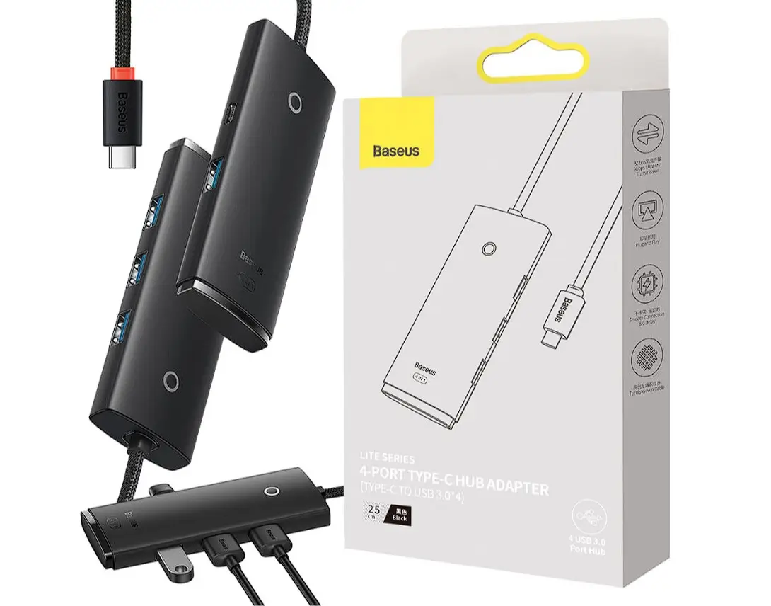 HUB extern Baseus WKQX030401 Lite4 porturi USB 3.0 conectare prin USB Type-C cablu 1m negru