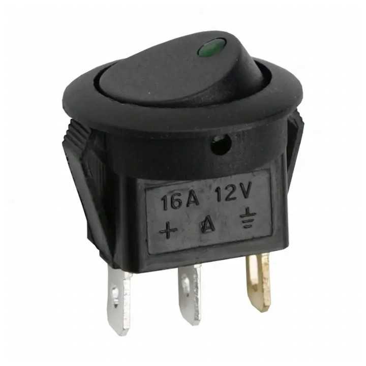 Interupator basculant 1 circuit 3 pini 12V 16A OFF-ON LED verde cu retinere M'N'C 09042ZO