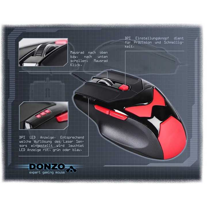 Gaming mouse LASER USB 800-1200-2100-3400DPI 6 butoane 76g cu 4x4.2g greutati interschimbabile DONZO DO959-BL