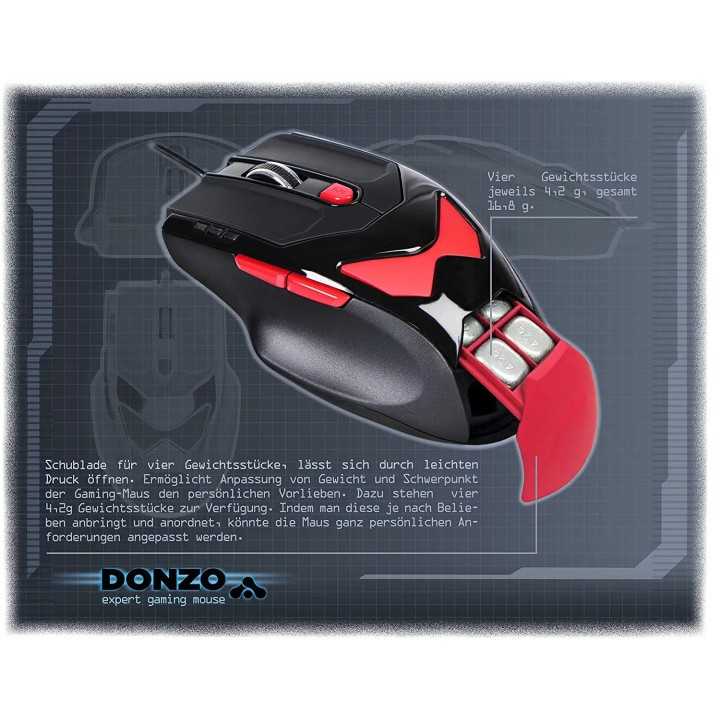 Gaming mouse LASER USB 800-1200-2100-3400DPI 6 butoane 76g cu 4x4.2g greutati interschimbabile DONZO DO959-BL