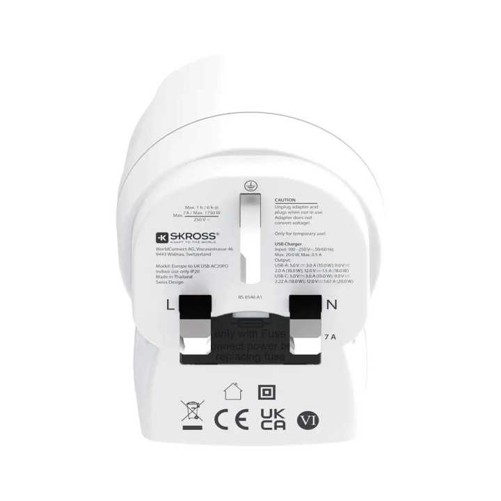 Adaptor priza Skross 1.500283-E EU la UK USB-A USB-C 20W