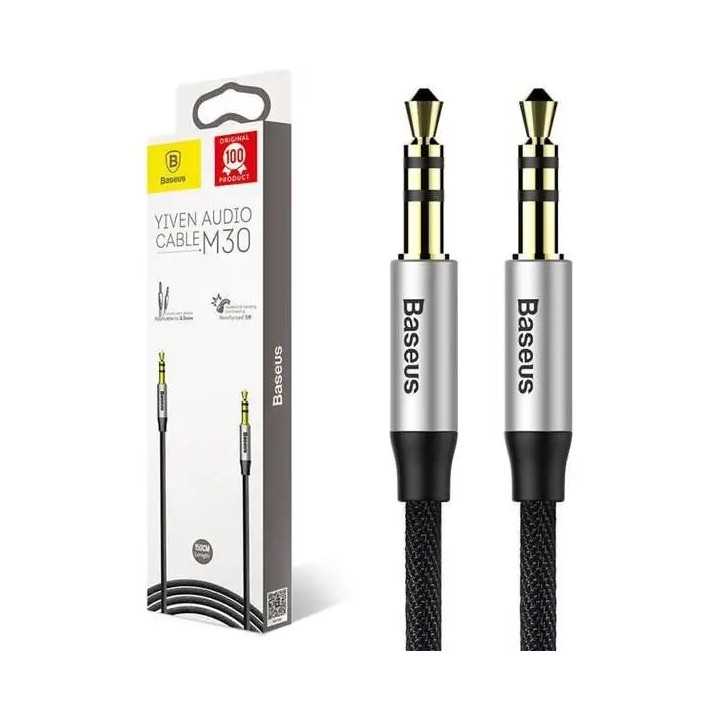 Cablu audio Baseus Yiven CAM30-CS1 stereo Jack 3.5 mm tata-tata conectori auriti 1.5m argintiu+negru