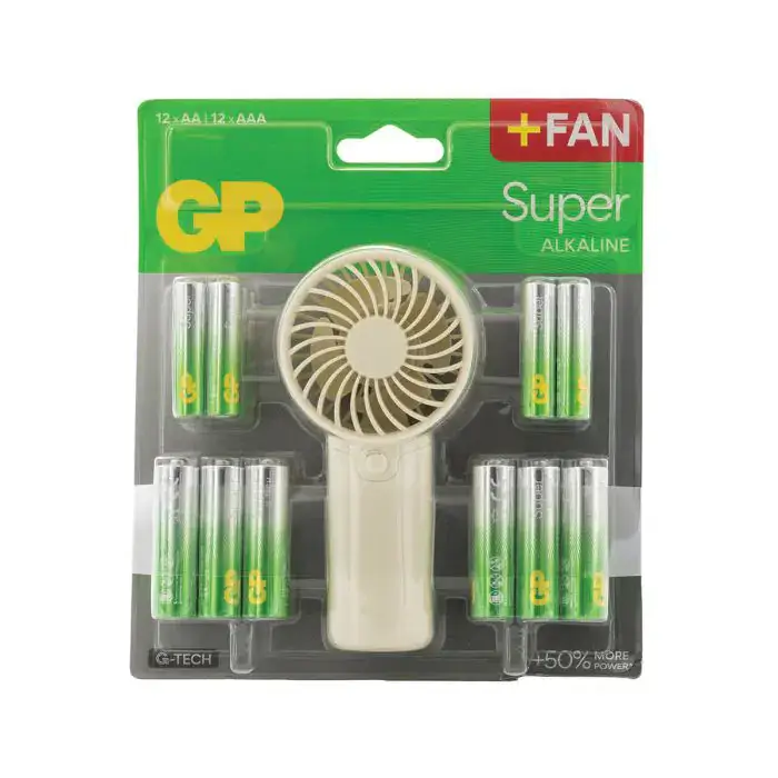 Set 24 baterii GP Super ALKALINE 12x AA + 12x AAA + Ventilator portabil GPPCA15AS753