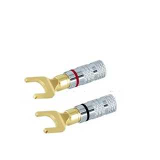 Set 2 mufe banana tip furca in U tata 4mm metal cu surub si inel negru si rosu