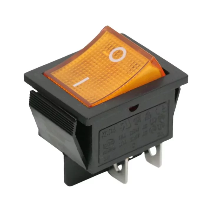Interupator basculant 4 pini 1 circuit 16A 250V OFF-ON galben 21.7x28.5mm