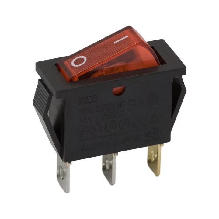 Interupator basculant 3 pini 1 circuit 10A 250V OFF-ON rosu cu retinere