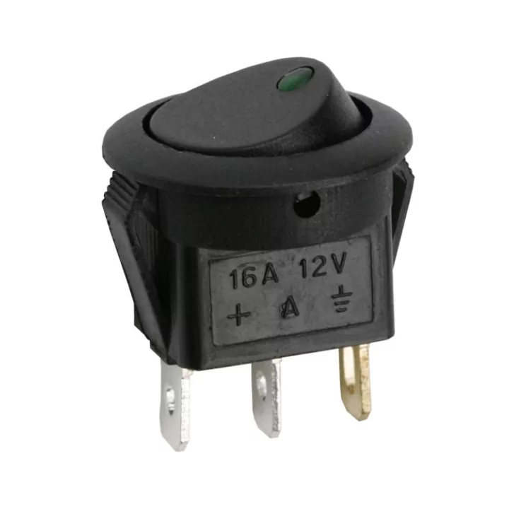 Interupator basculant 1 circuit 3 pini 12V 16A OFF-ON LED verde cu retinere