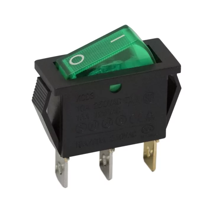 Interupator basculant 3 pini 1 circuit 10A 250V OFF-ON lumina verde cu retinere