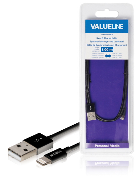 Cablu alimentare si sincronizare pentru iPad iPhone iPod Apple lightning - USB 2.0 A tata 1m negru VALUELINE