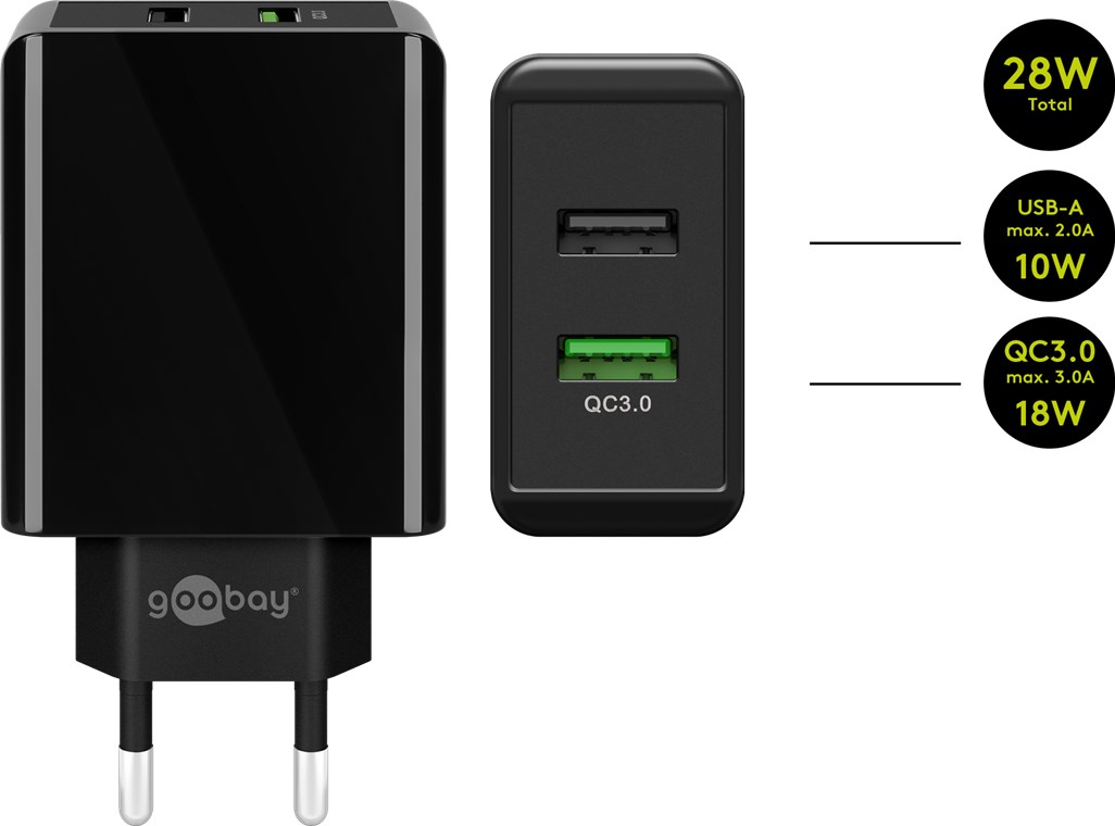 Incarcator de retea Goobay Dual-USB/QC3.0 28W negru Apple iPhone iPad Samsung Galaxy series Sony Huawei LG Xiaomi