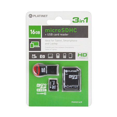 MicroSD card 16GB Clasa 10 cu adaptor SD si cititor Platinet